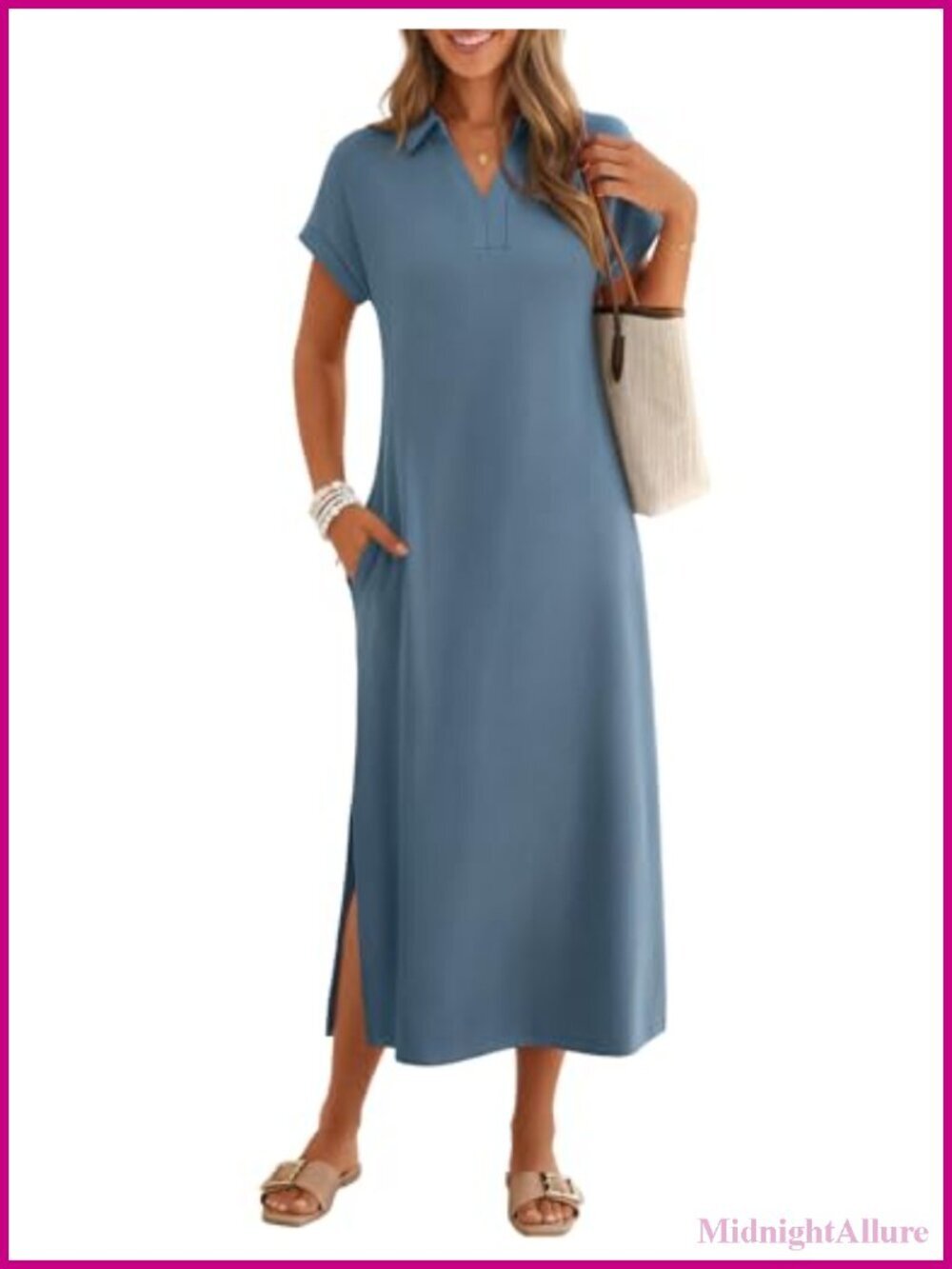 Women's Casual Maxi Dress V Neck Cap Sleeve Collared Beach Vacation T Shirt - Picture 1 of 6